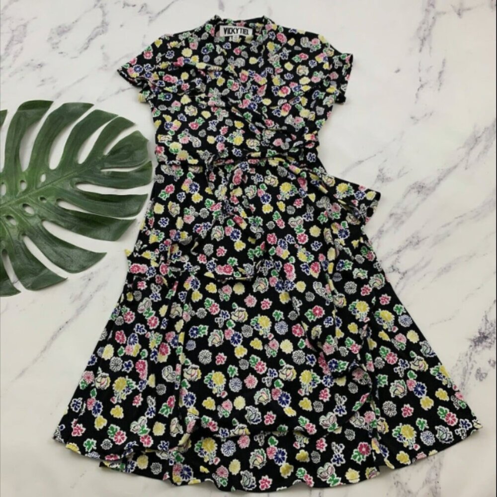 Vicky Tiel Womens Wrap Dress Size S Black Pink Floral Butterflies Stretch